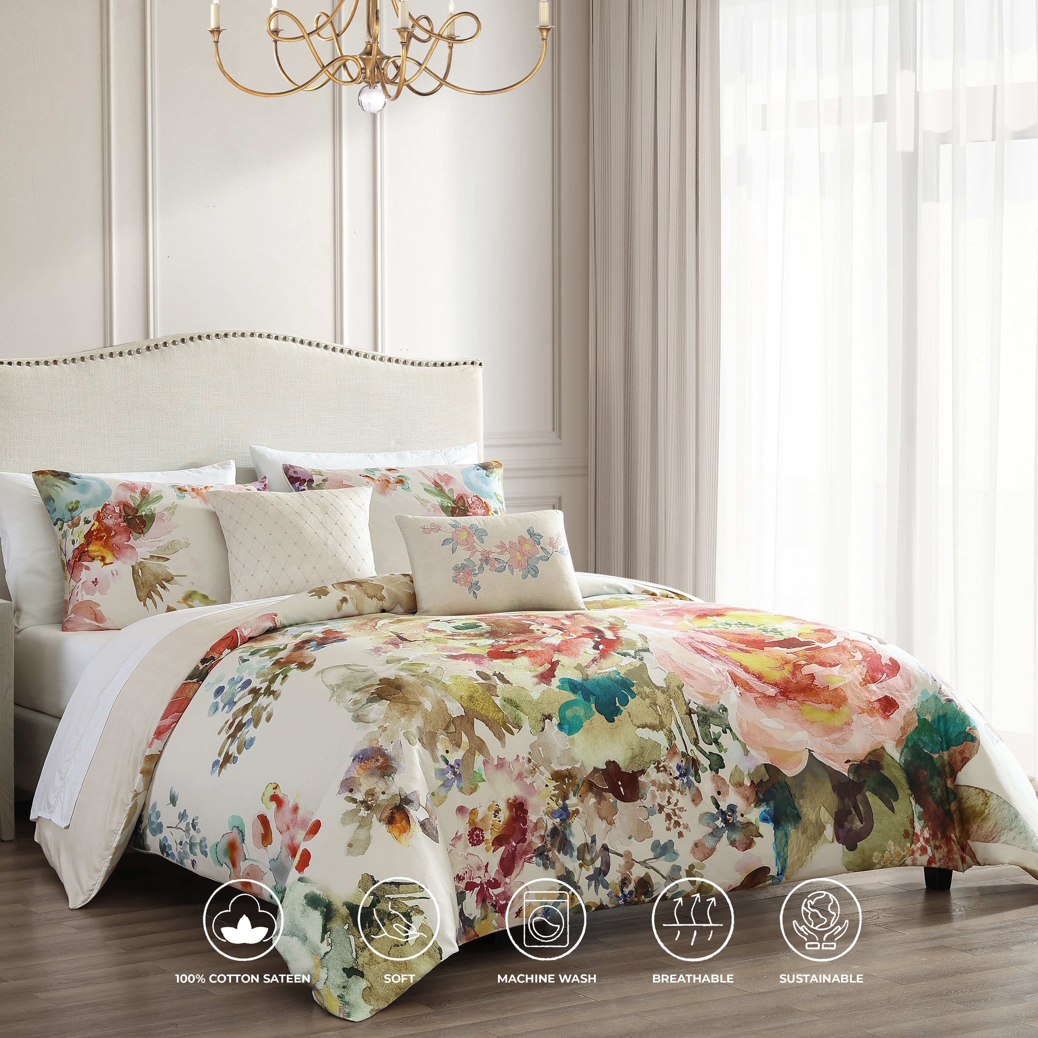 Bebejan Antique Flowers Ivory 5 Piece Reversible Comforter Set