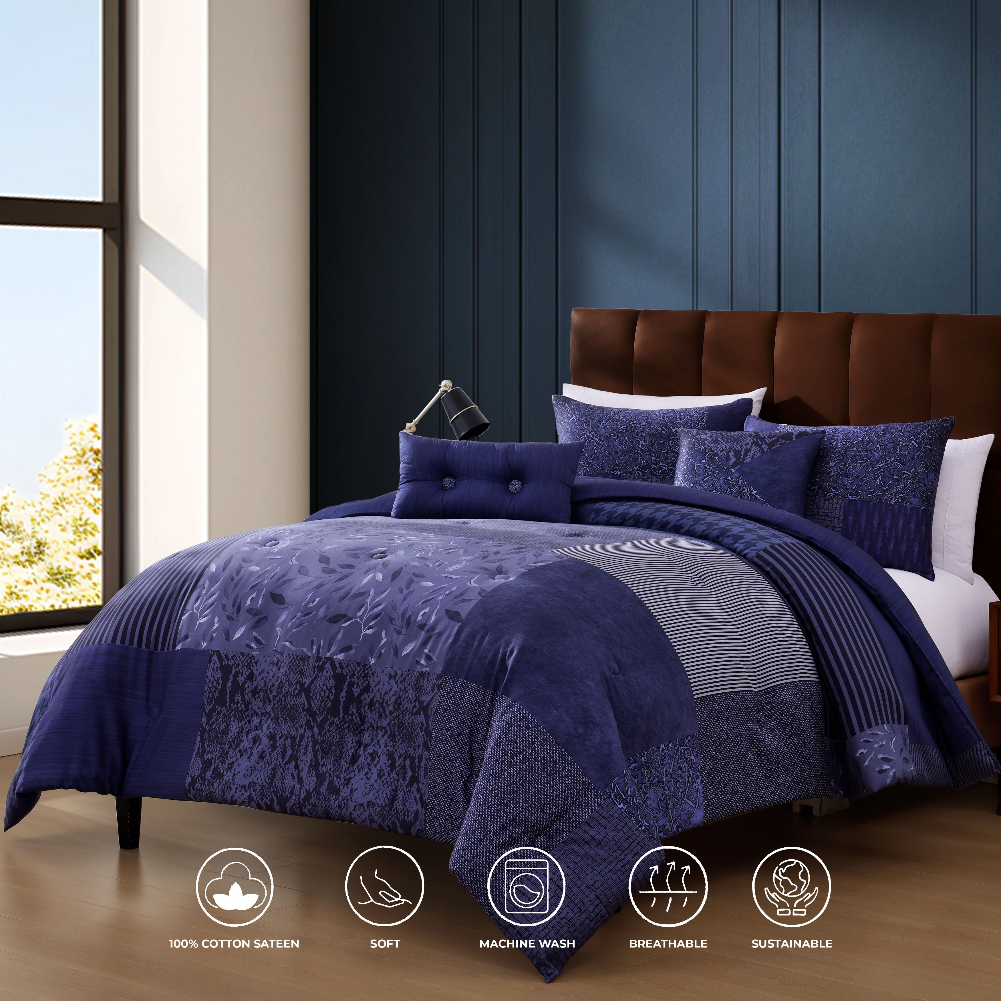 Bebejan Blue Denim Patchwork 5 Piece Reversible Comforter Set