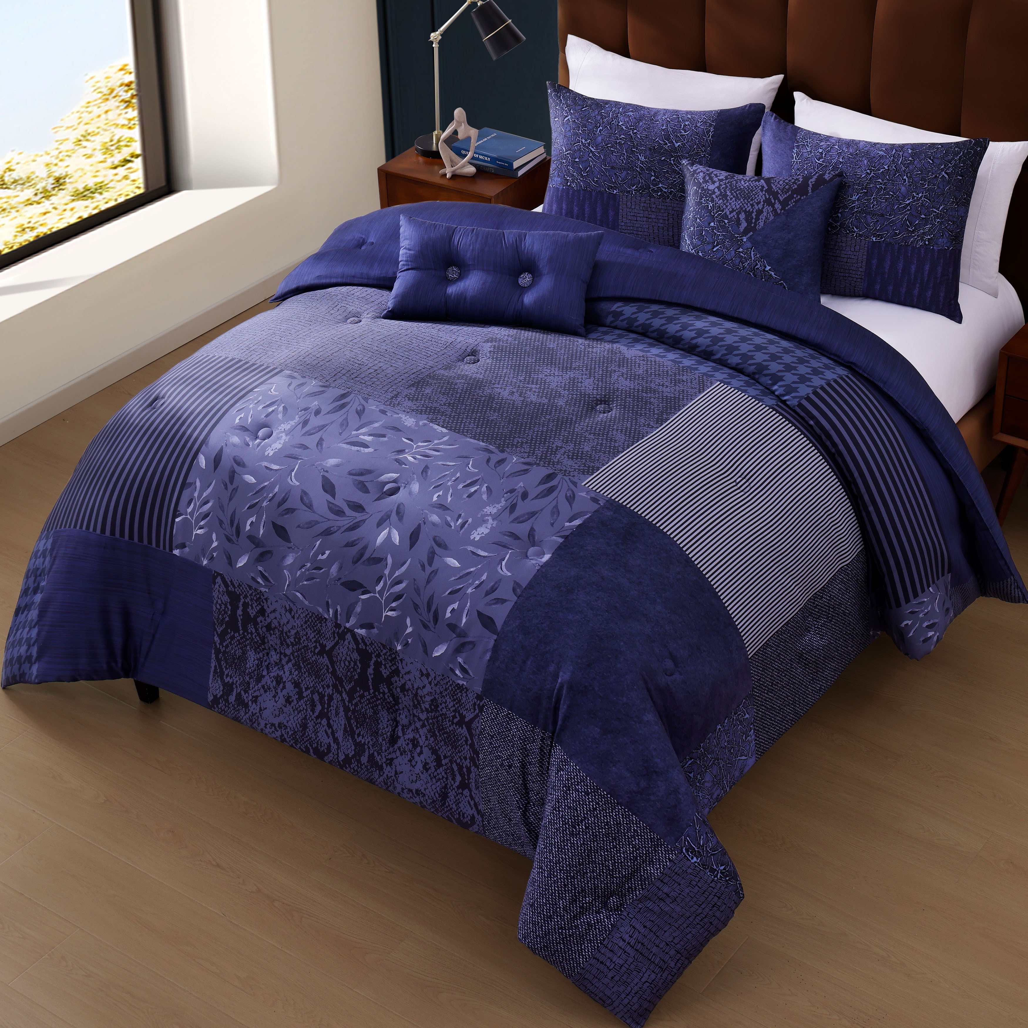 Bebejan Blue Denim Patchwork 5 Piece Reversible Comforter Set