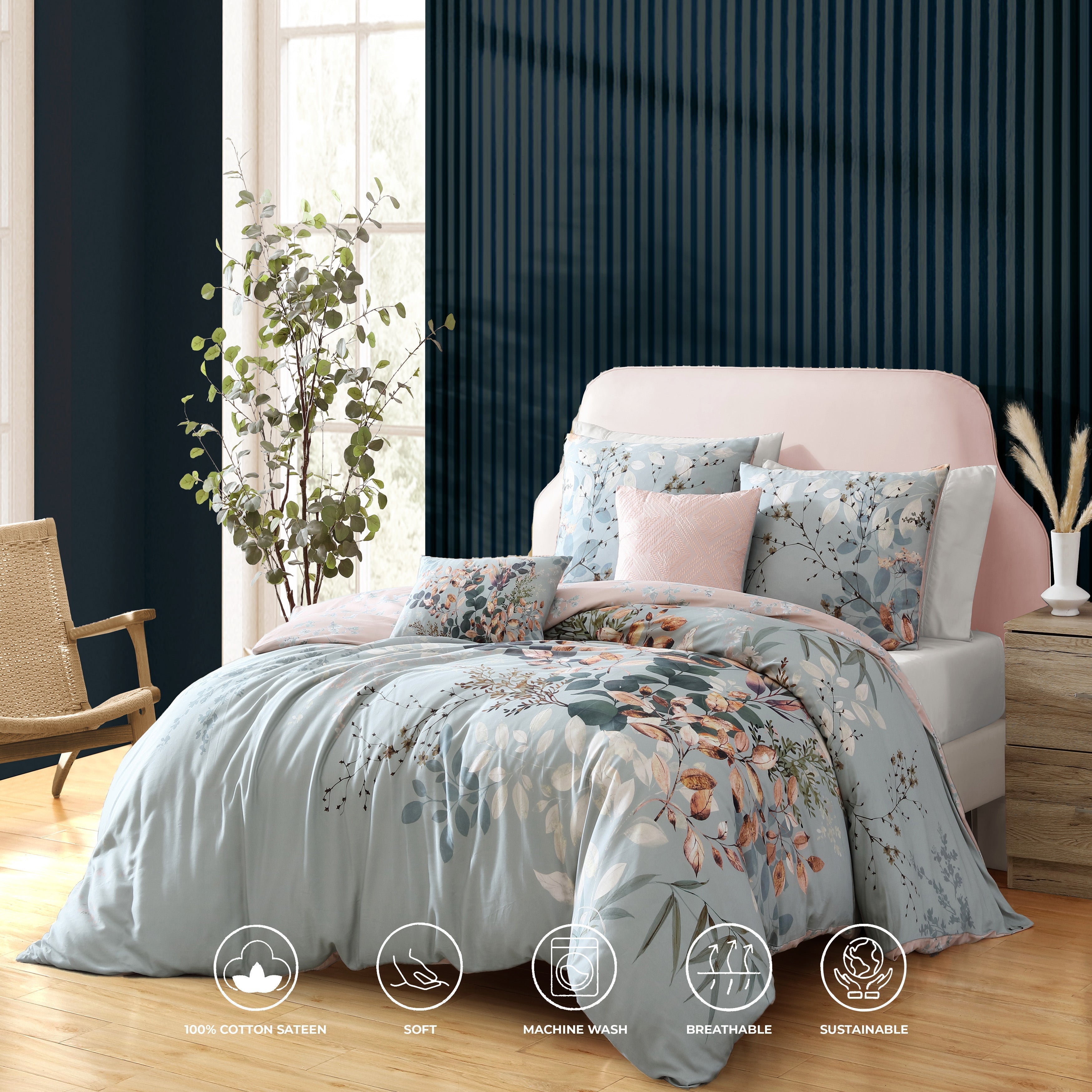 Bebejan Peach Leaves on Sage 5 Piece Reversible Comforter Set