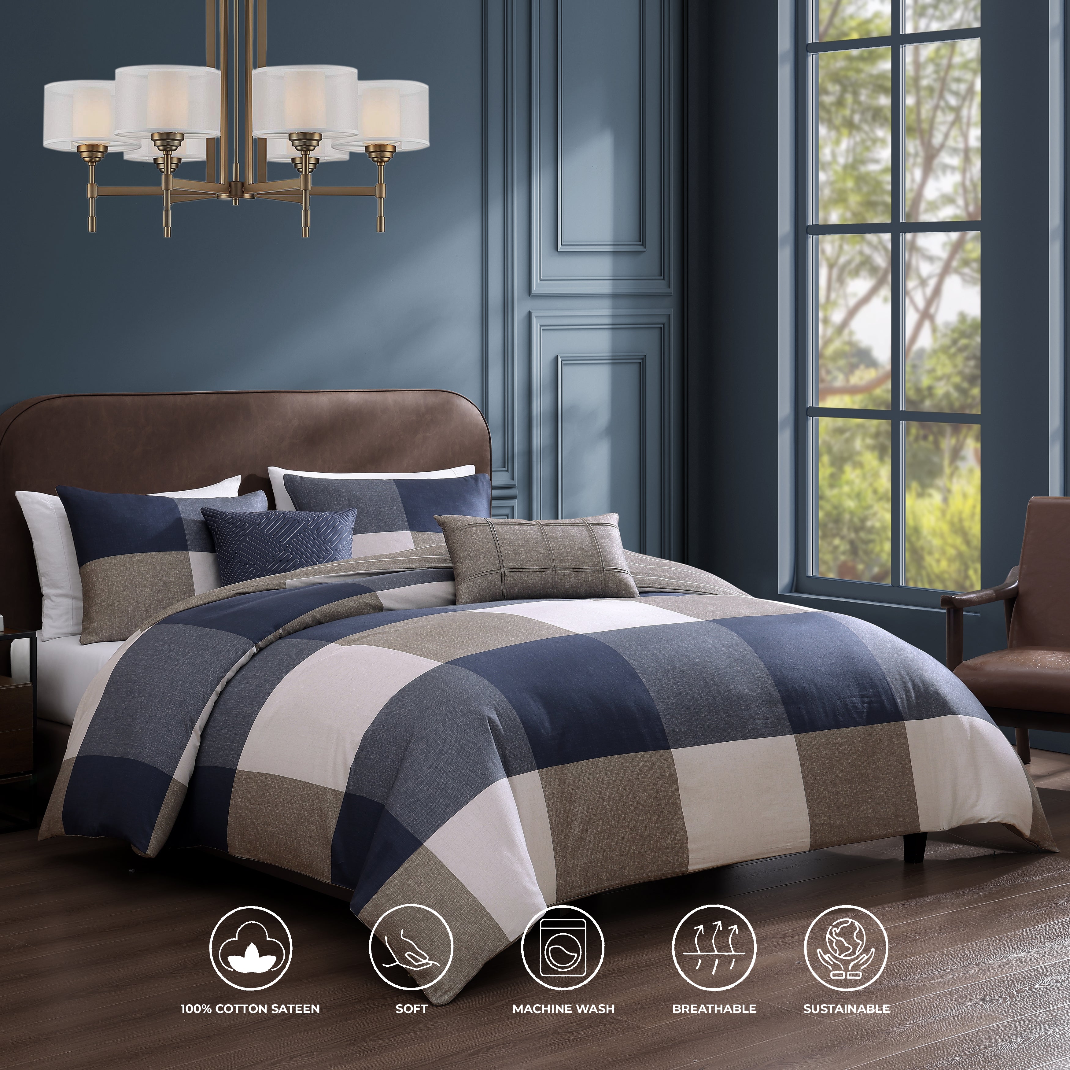 Bebejan Checkered Navy Tan 5 Piece Reversible Comforter Set