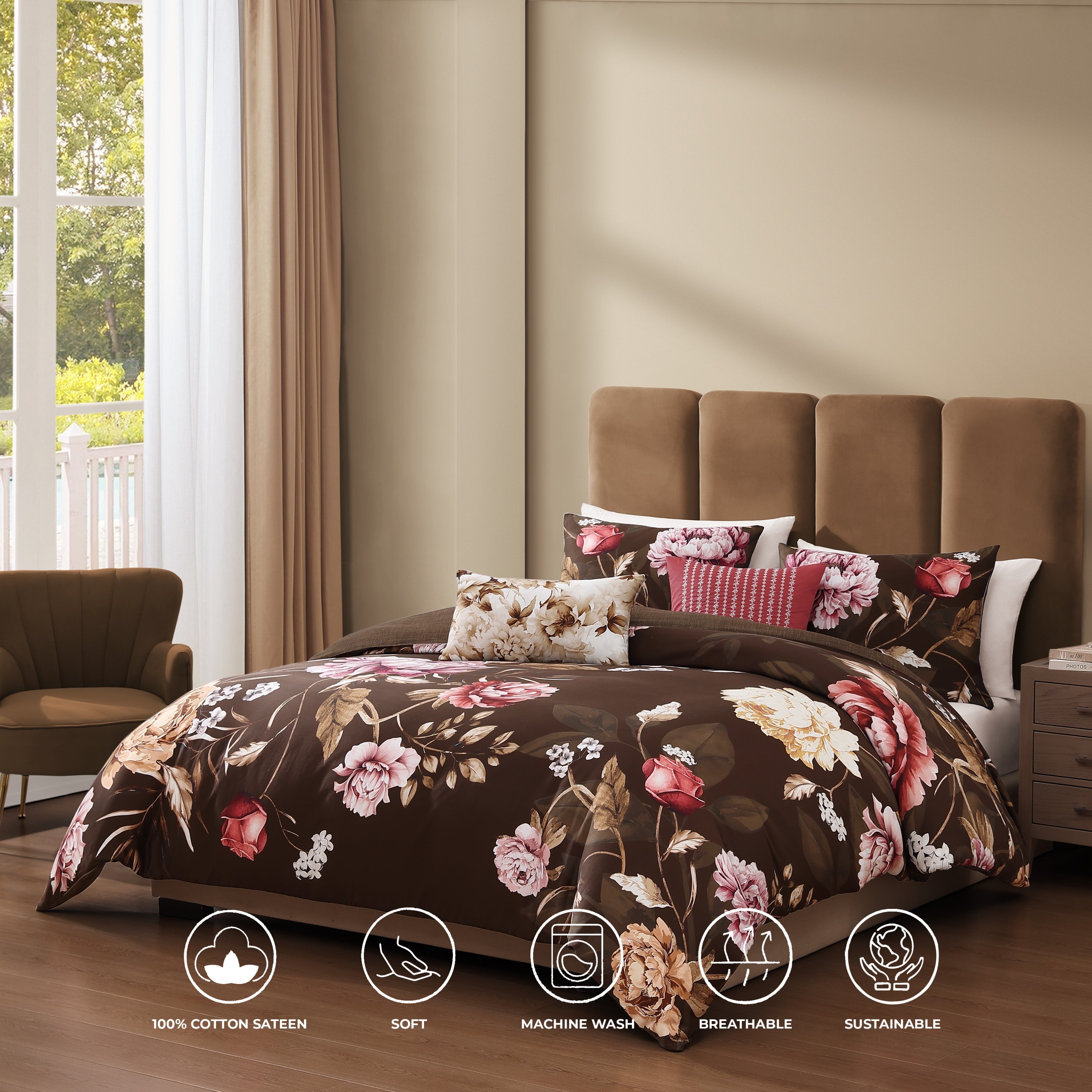 Bebejan Floral Garden on Mocha 5 Piece Reversible Comforter Set