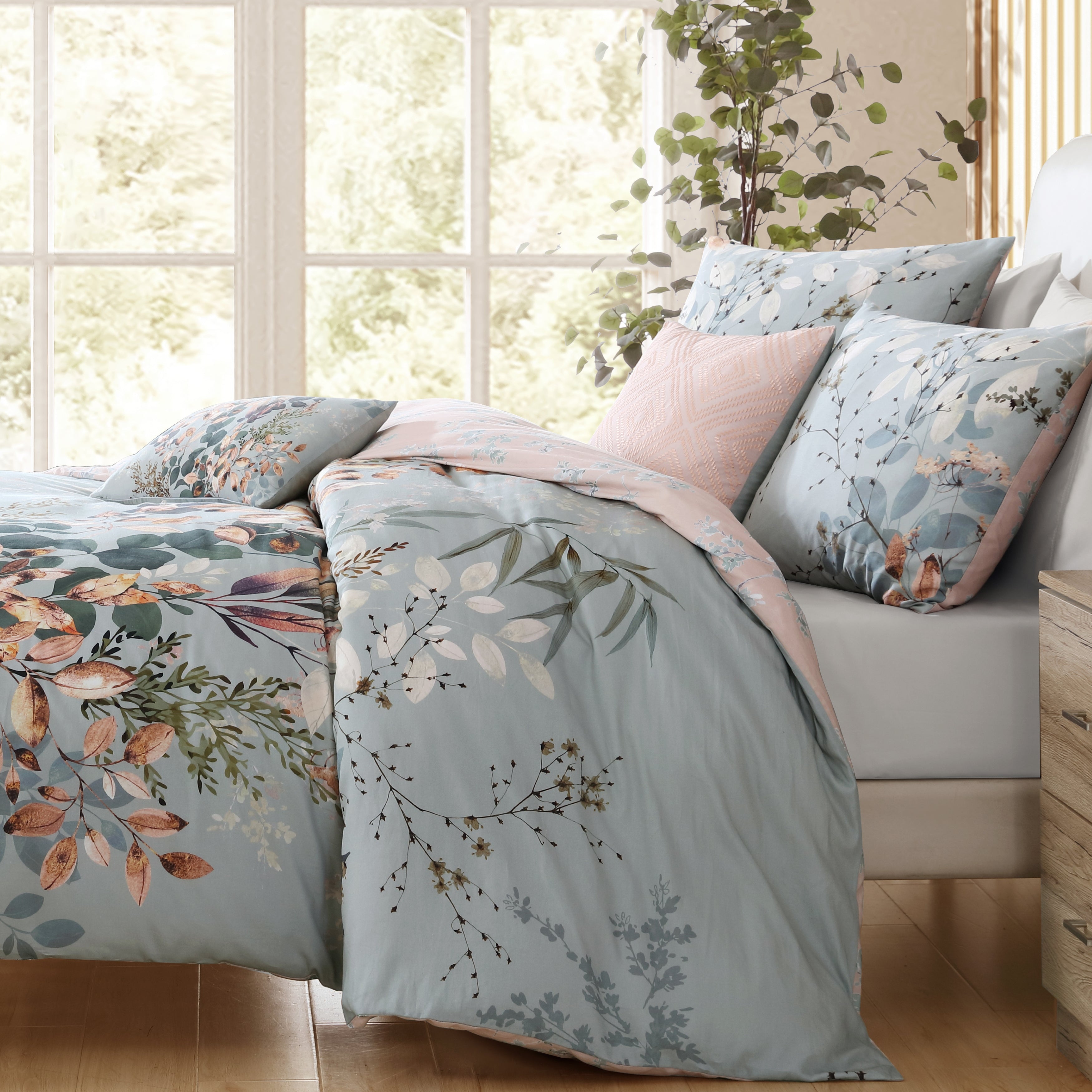 Bebejan Peach Leaves on Sage 5 Piece Reversible Comforter Set