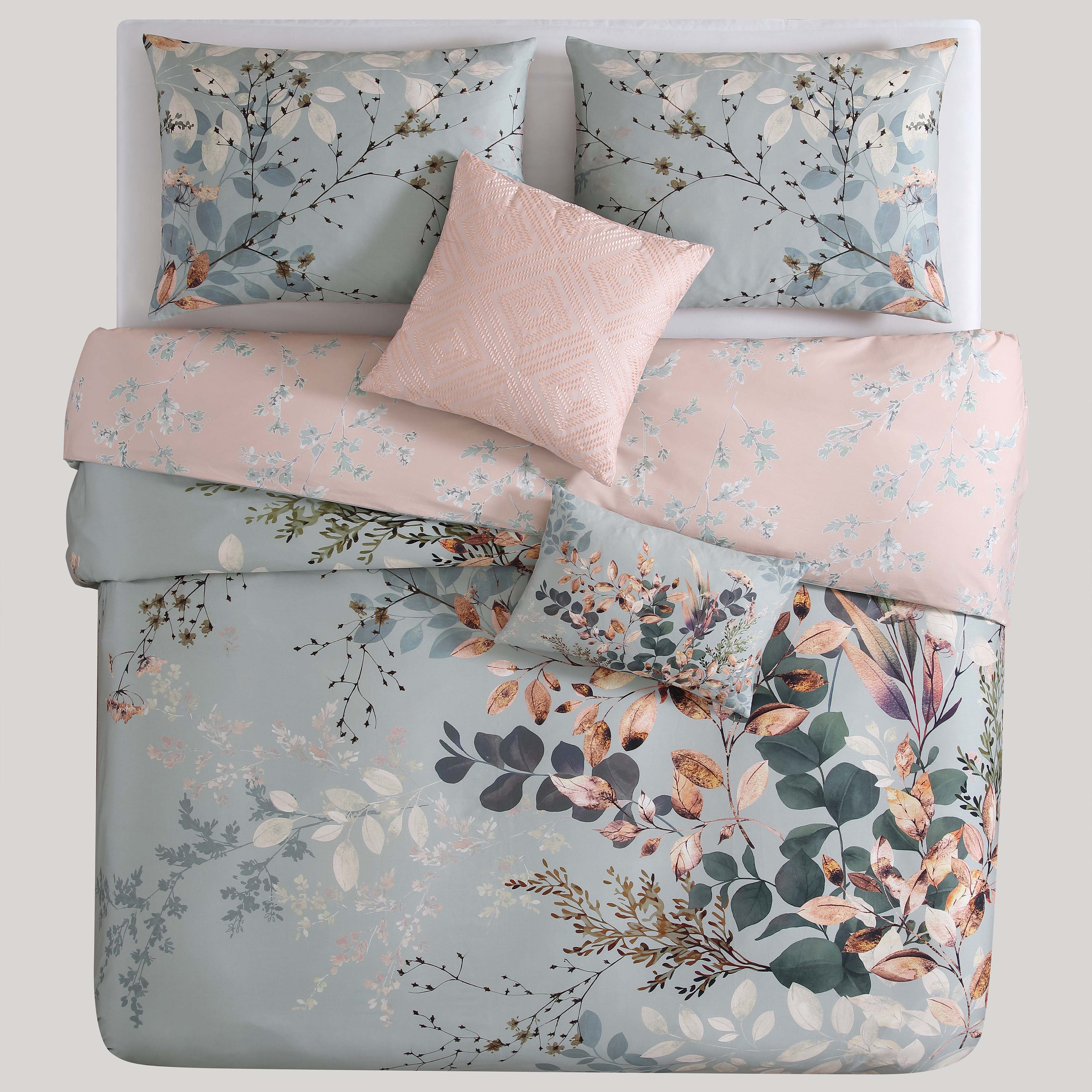 Bebejan Peach Leaves on Sage 5 Piece Reversible Comforter Set