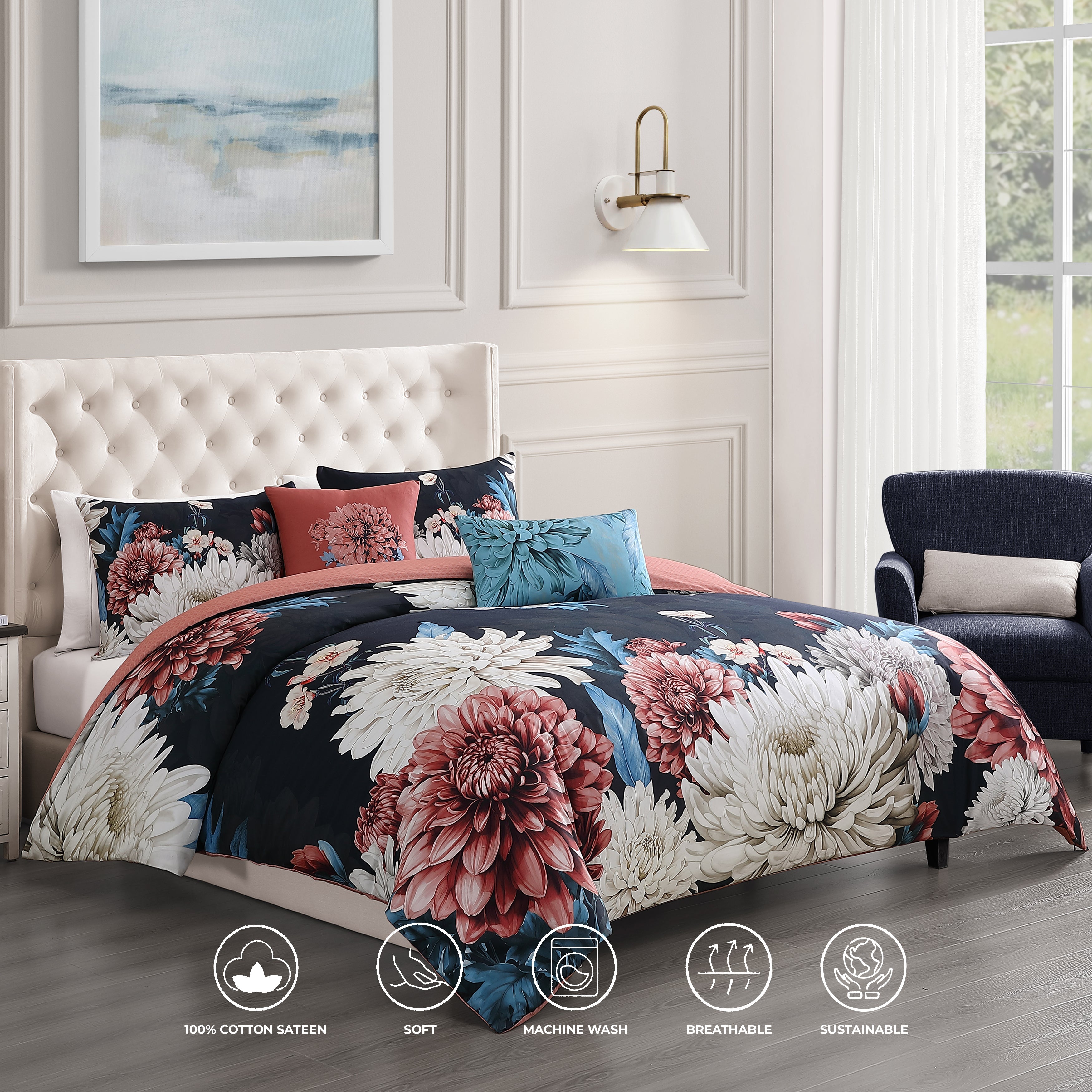 Bebejan Navy Mums 5 Piece Reversible Comforter Set