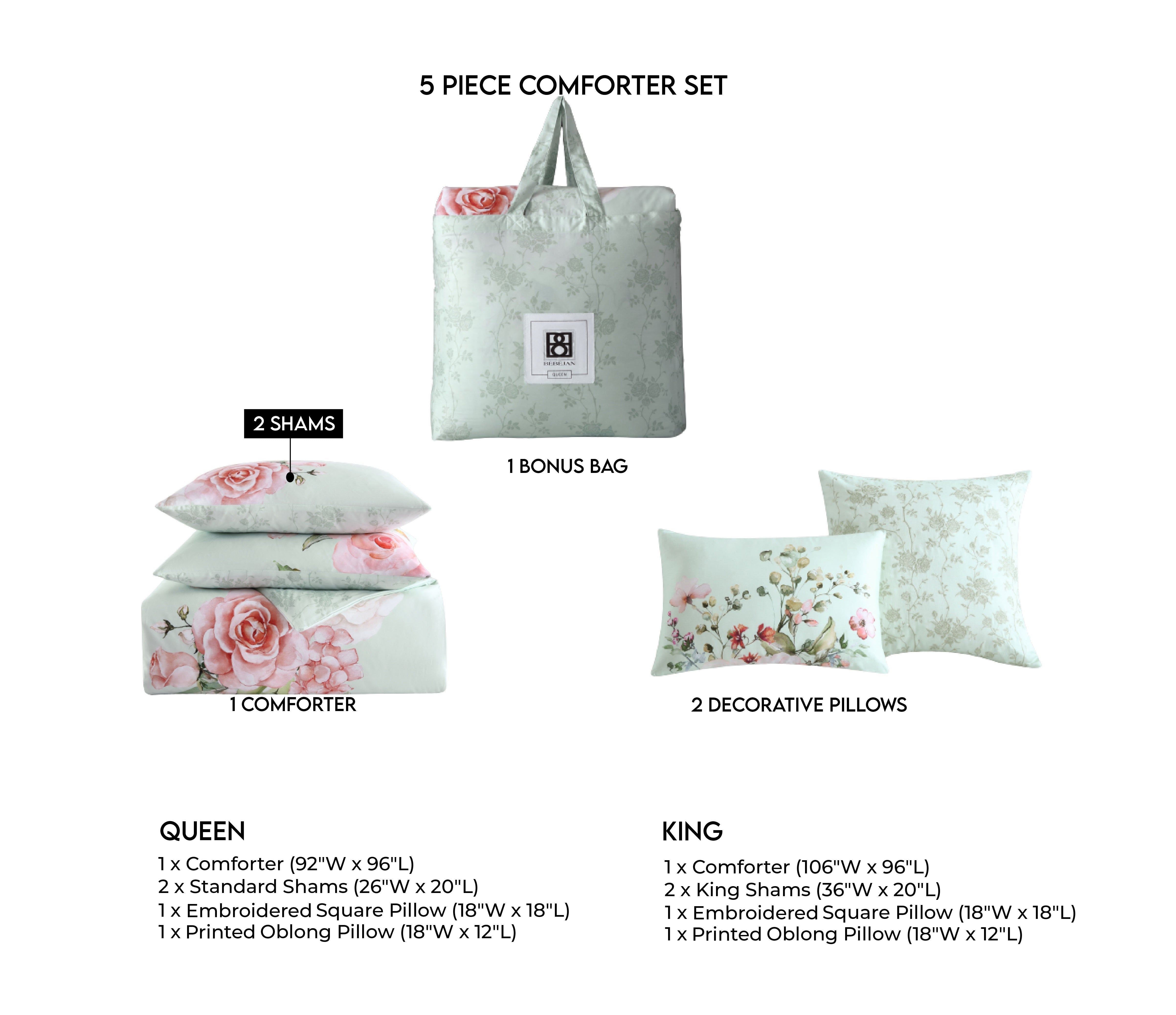 Bebejan Rose on Misty Green 5 Piece Reversible Comforter Set